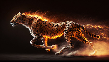 A cheetah running at full speed with glowing eyes and a fiery aura surrounding it.