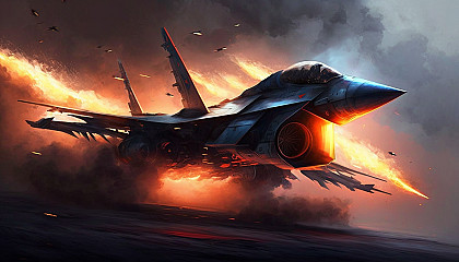 A fighter jet flying through the sky with flames and smoke trailing behind it, creating a sense of speed and power.