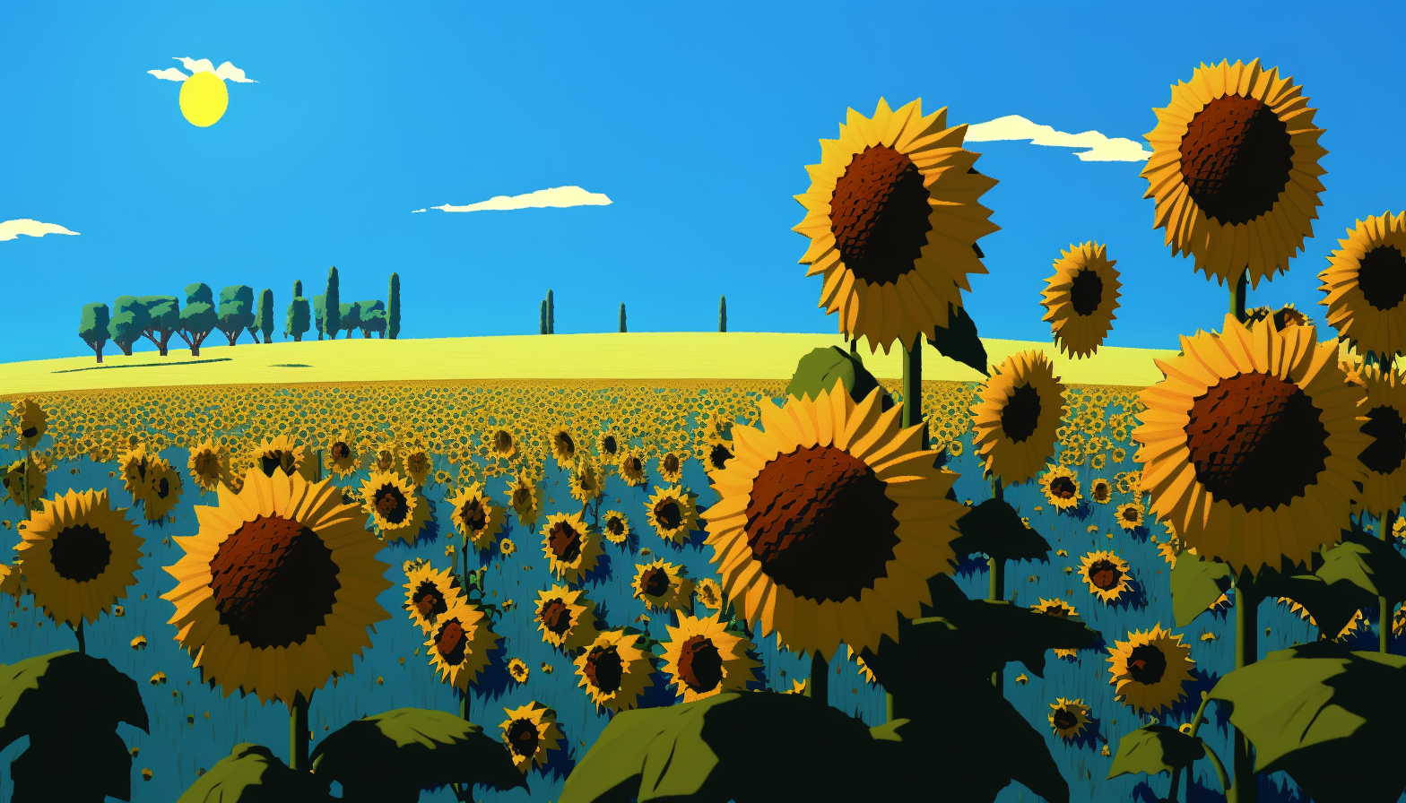 A field of sunflowers with a clear blue sky