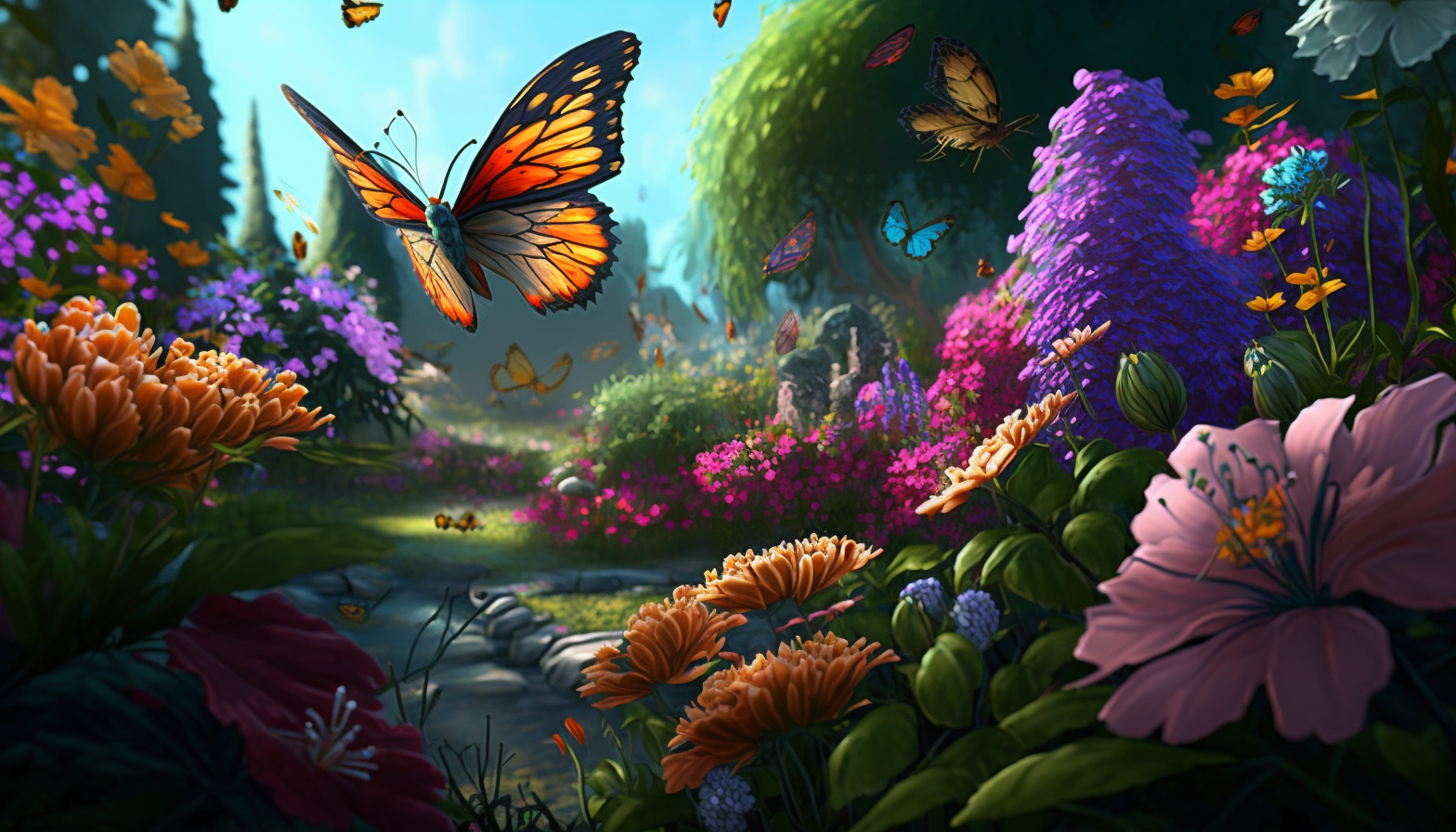 A vibrant garden with blooming flowers and butterflies