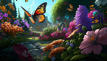 A vibrant garden with blooming flowers and butterflies