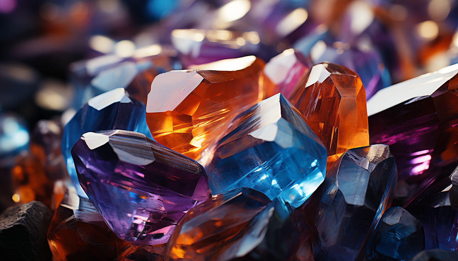 Close-up of a crystal, showcasing its radiant colors and geometric shapes.