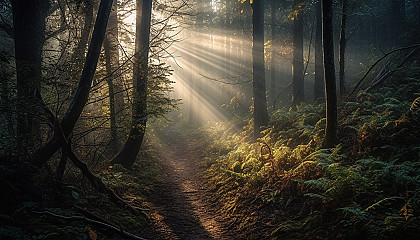 Foggy, mysterious forests with beams of sunlight piercing through the canopy.