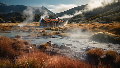 Geothermal hot springs surrounded by steamy, vibrant landscapes.