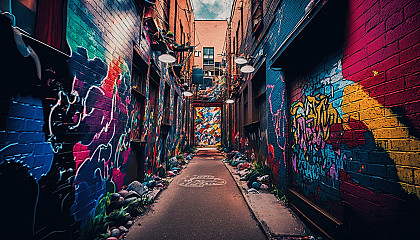 A photograph of a graffiti-covered alleyway bursting with color