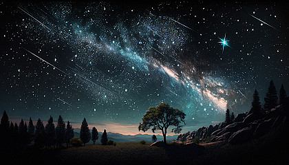 A panoramic view of a starry sky with constellations and a shooting star.