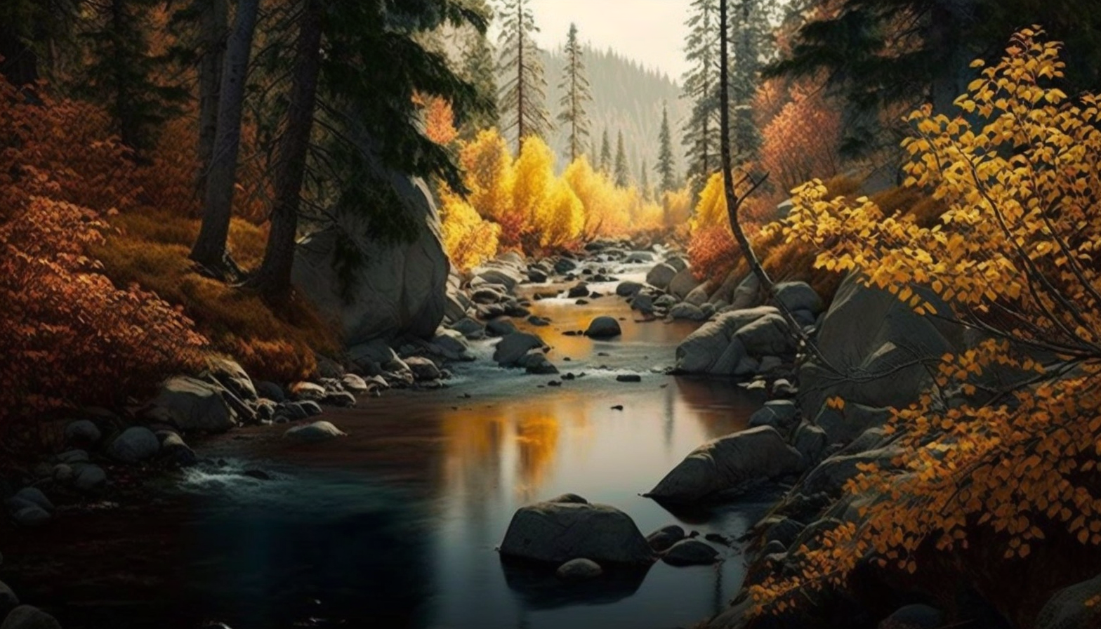 A peaceful river flowing through a forest in autumn