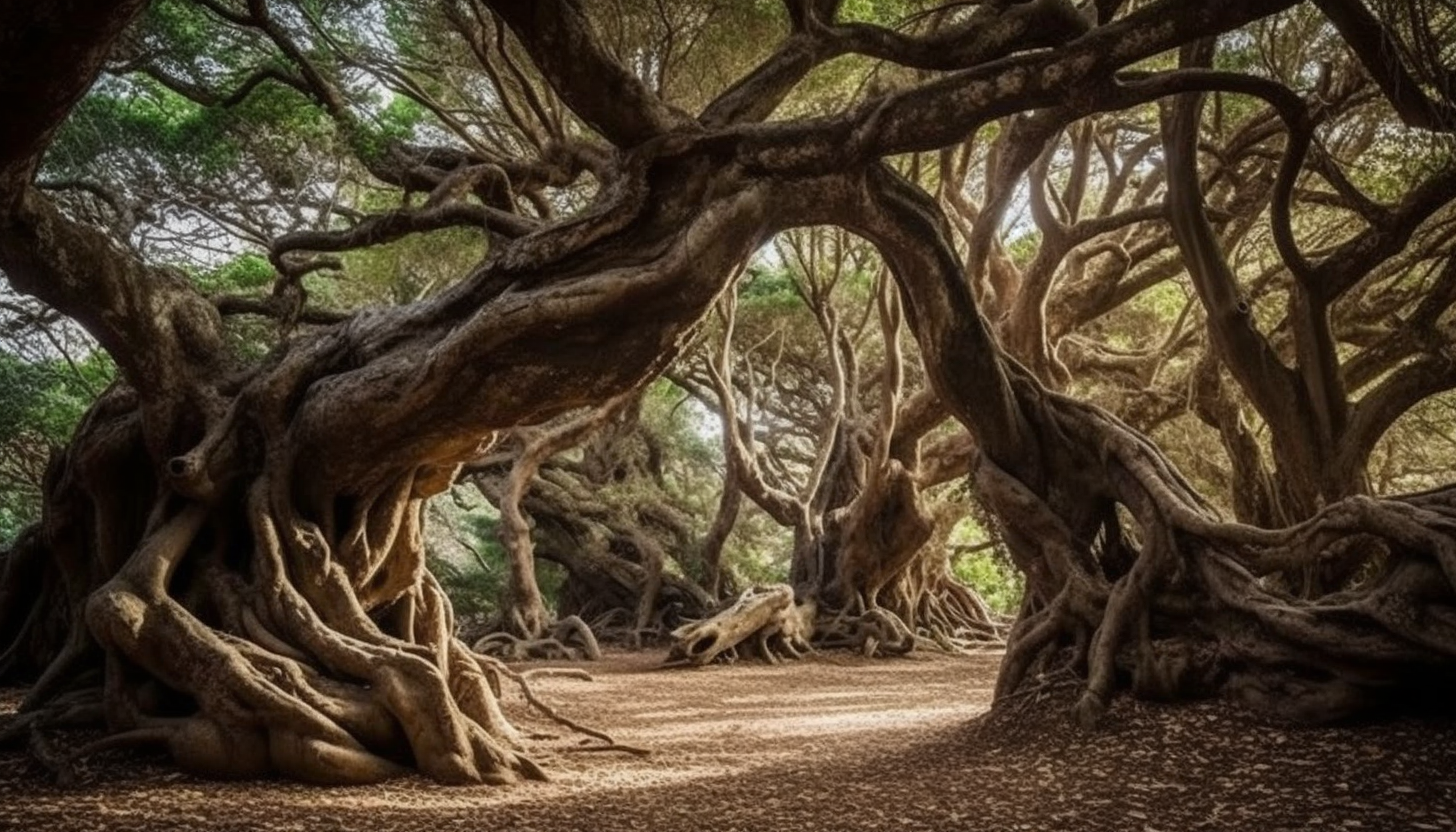 Ancient, gnarled trees with intertwining branches and roots, creating unique patterns.