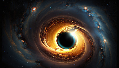 An artistic depiction of a black hole, with glowing gas and dust spiraling towards the center.