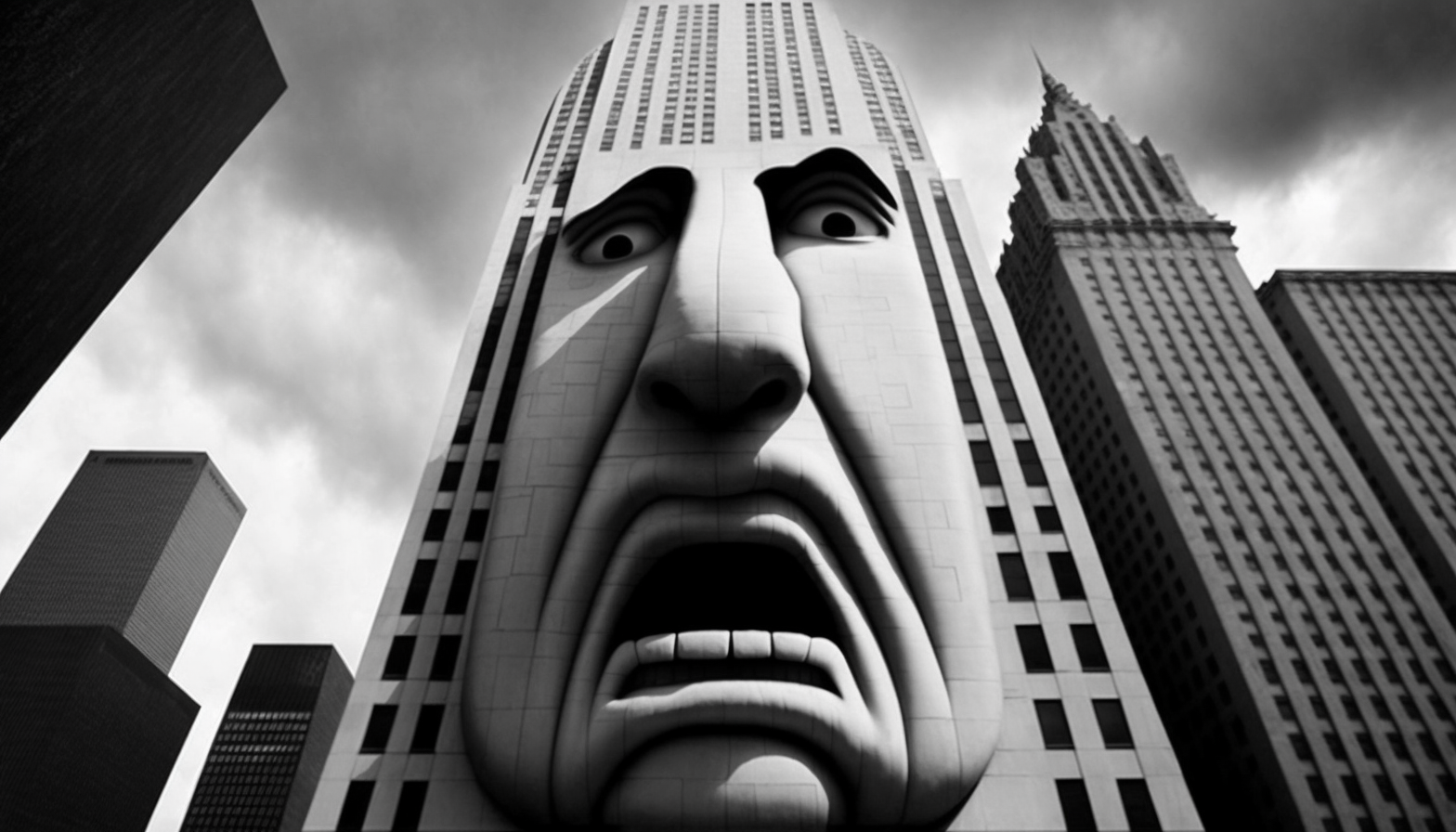 An image that exaggerates or amplifies certain features or aspects, such as a cartoonishly large nose or an impossibly tall building.