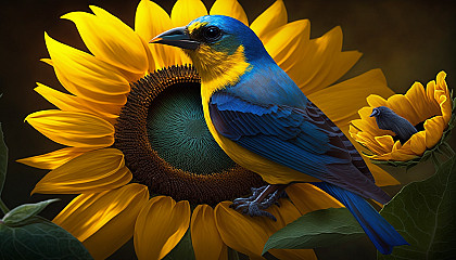 A vibrant yellow sunflower with a small bluebird perched on one of the petals.