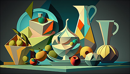 Still life painting with Cubist style geometric shapes