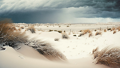 A panoramic shot of sand dunes with snow falling in the distance