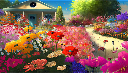 "Flower Power": A garden bursting with a riot of colorful flowers, creating a stunning and cheerful scene.