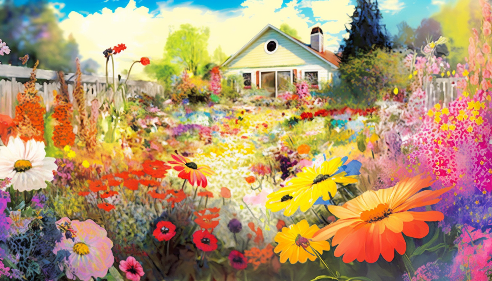 "Flower Power": A garden bursting with a riot of colorful flowers, creating a stunning and cheerful scene.