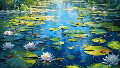 A tranquil pond filled with blooming water lilies.