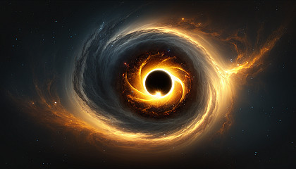 An artistic depiction of a black hole, with glowing gas and dust spiraling towards the center.