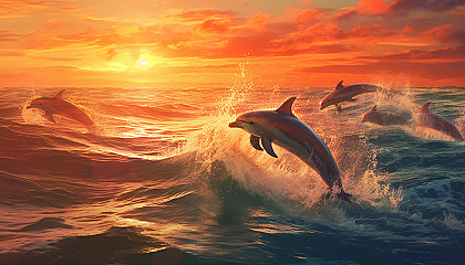 A pod of dolphins leaping in the ocean waves at sunset.