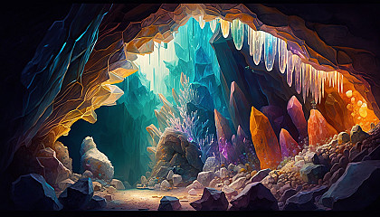 "Crystal Cavern": A glittering underground world of colorful crystals and formations.