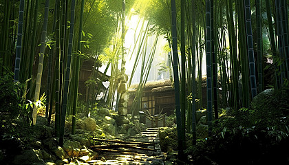 A dense bamboo forest with towering stalks and dappled sunlight.