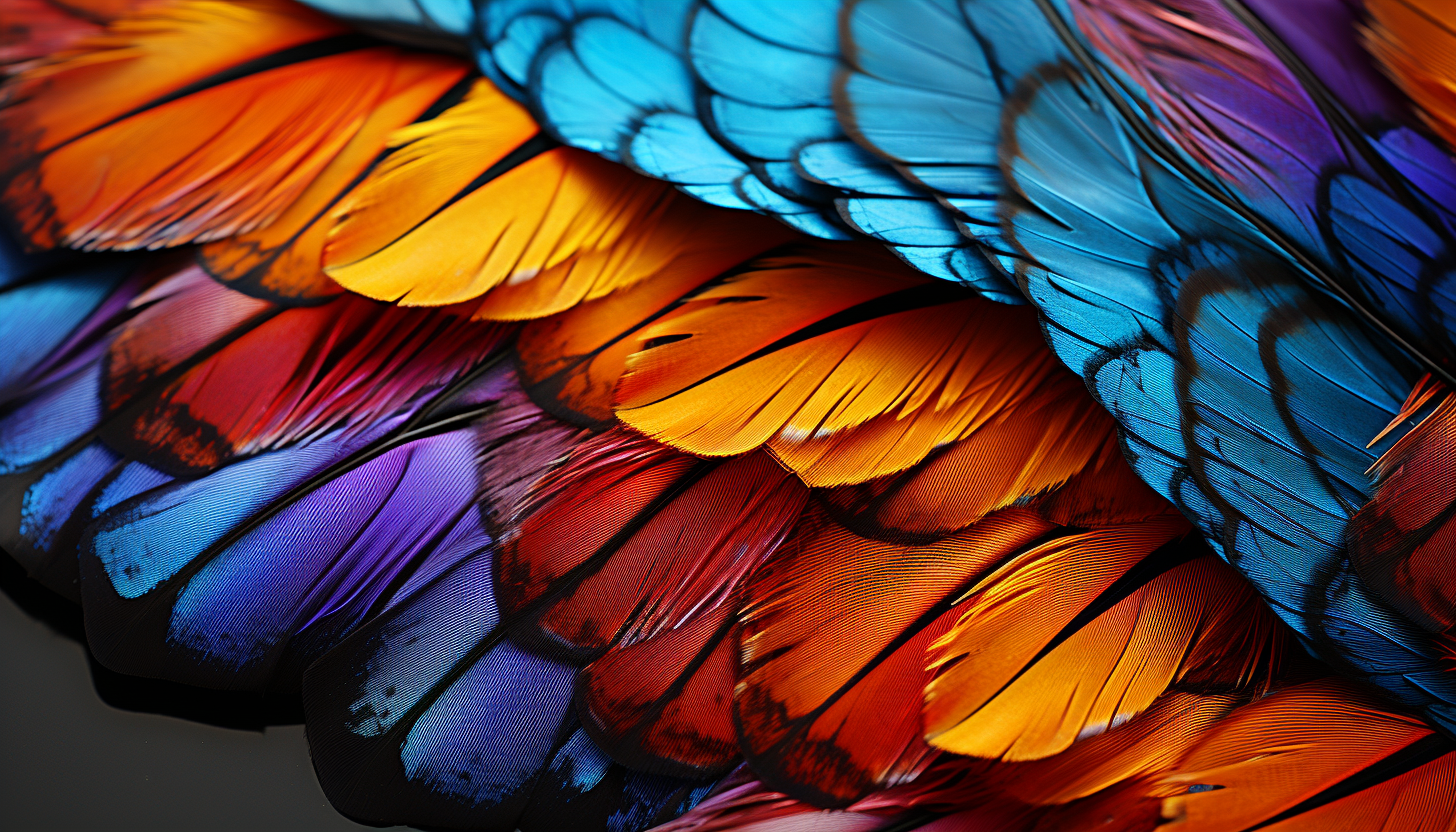 A macro shot of colorful butterfly wings showing intricate patterns.