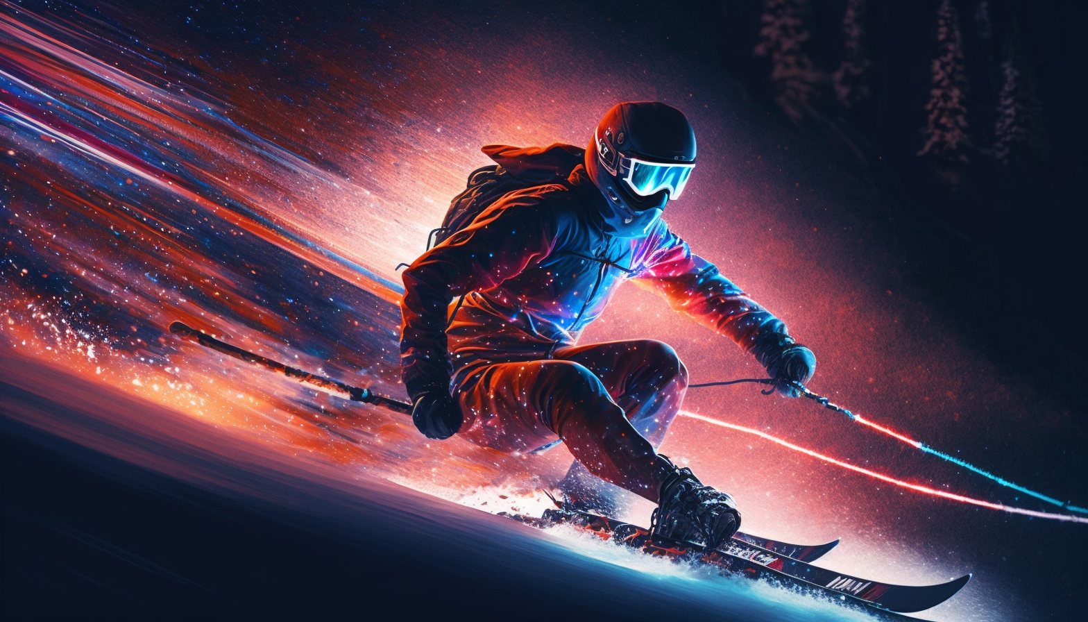 A skier racing down a snowy slope at night with glowing red and blue lights highlighting their movements.