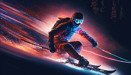 A skier racing down a snowy slope at night with glowing red and blue lights highlighting their movements.