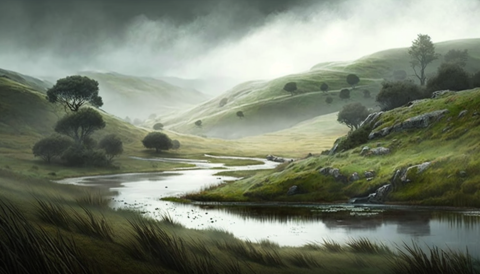 A misty morning in the hills, with rolling clouds and dew-covered grass.