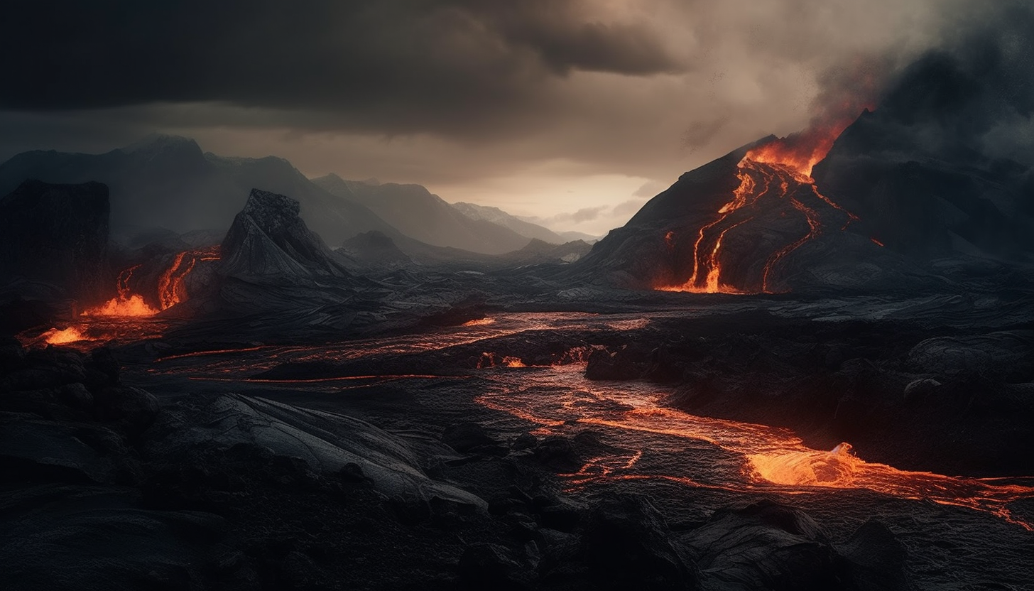 Dramatic volcanic landscapes with flowing lava and ash clouds.