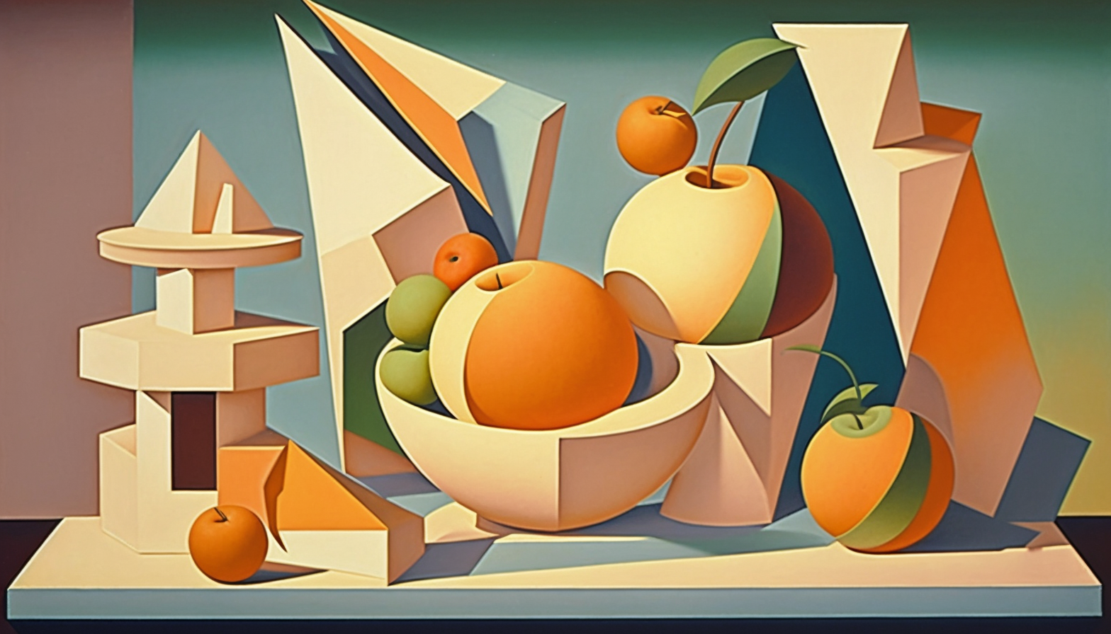 Still life painting with Cubist style geometric shapes