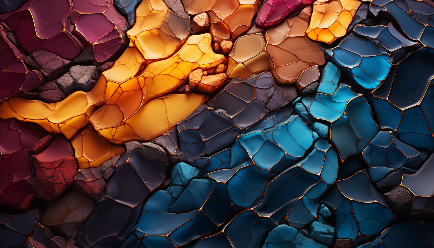 An abstract image of colorful mineral veins running through a rock formation.