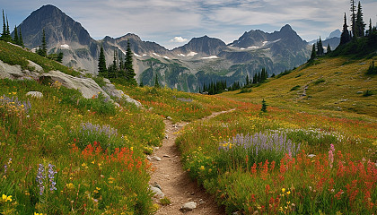 Alpine meadows bursting with colorful wildflowers and a backdrop of towering peaks.