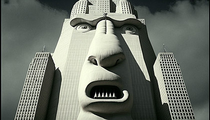 An image that exaggerates or amplifies certain features or aspects, such as a cartoonishly large nose or an impossibly tall building.