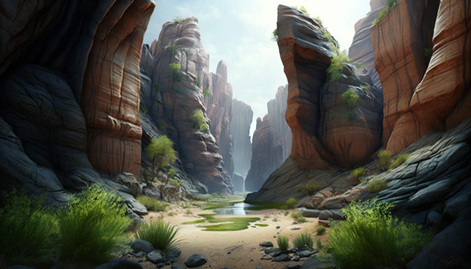 "Grass Canyon": A majestic canyon with striated rock formations, shaped by nature's forces. added grass