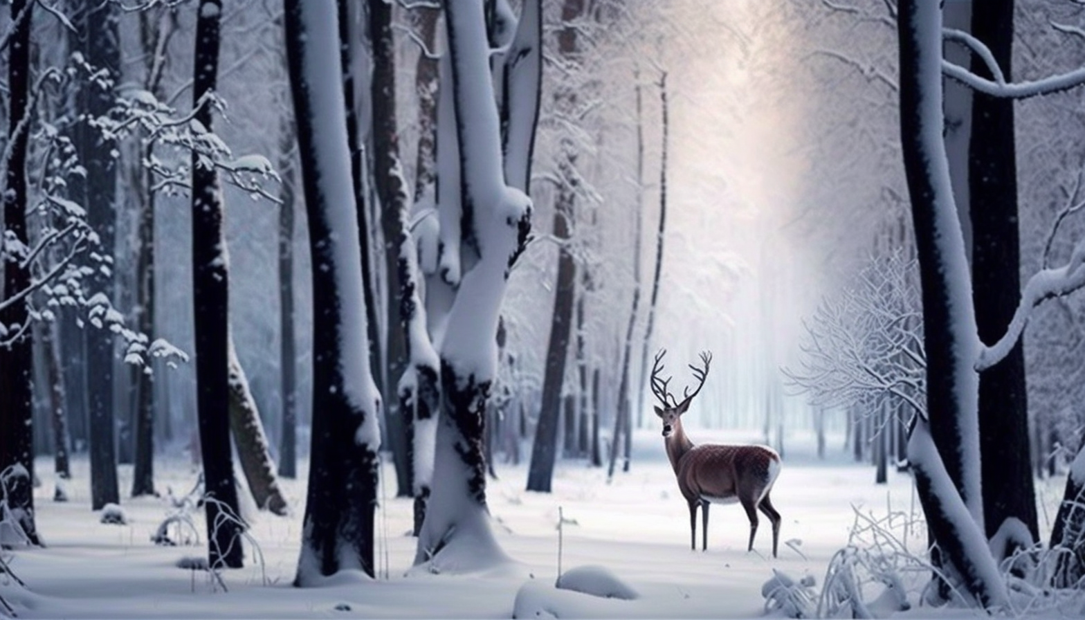 A snowy forest with deer grazing peacefully among the trees.