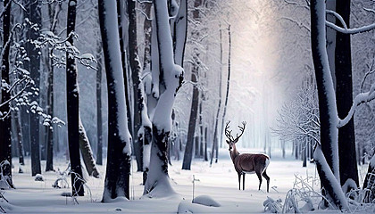 A snowy forest with deer grazing peacefully among the trees.