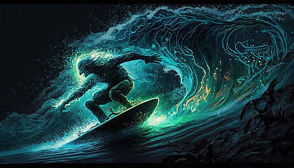 A surfer riding a wave at night with the water illuminated by glowing blue and green lights, creating a sense of motion and speed.