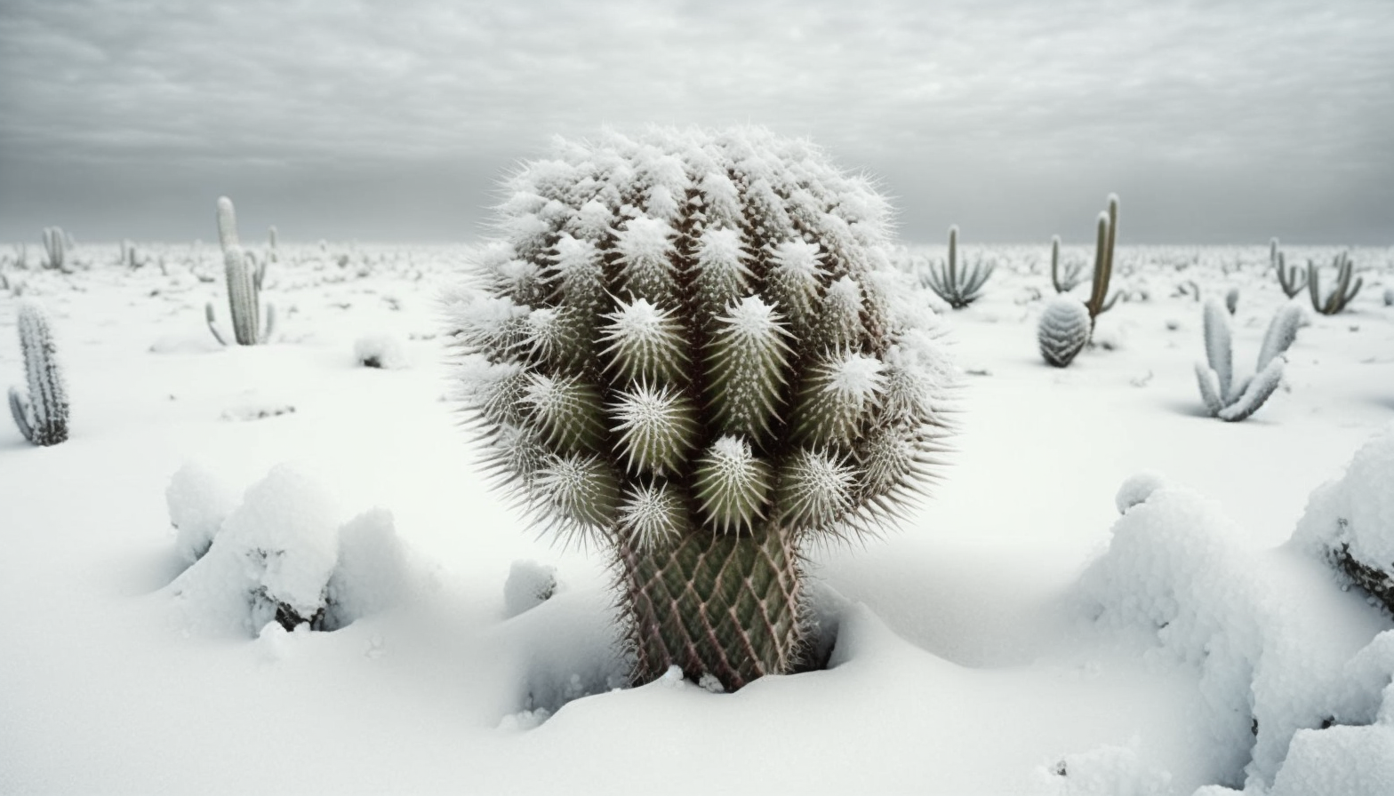 A lone cactus covered in snow