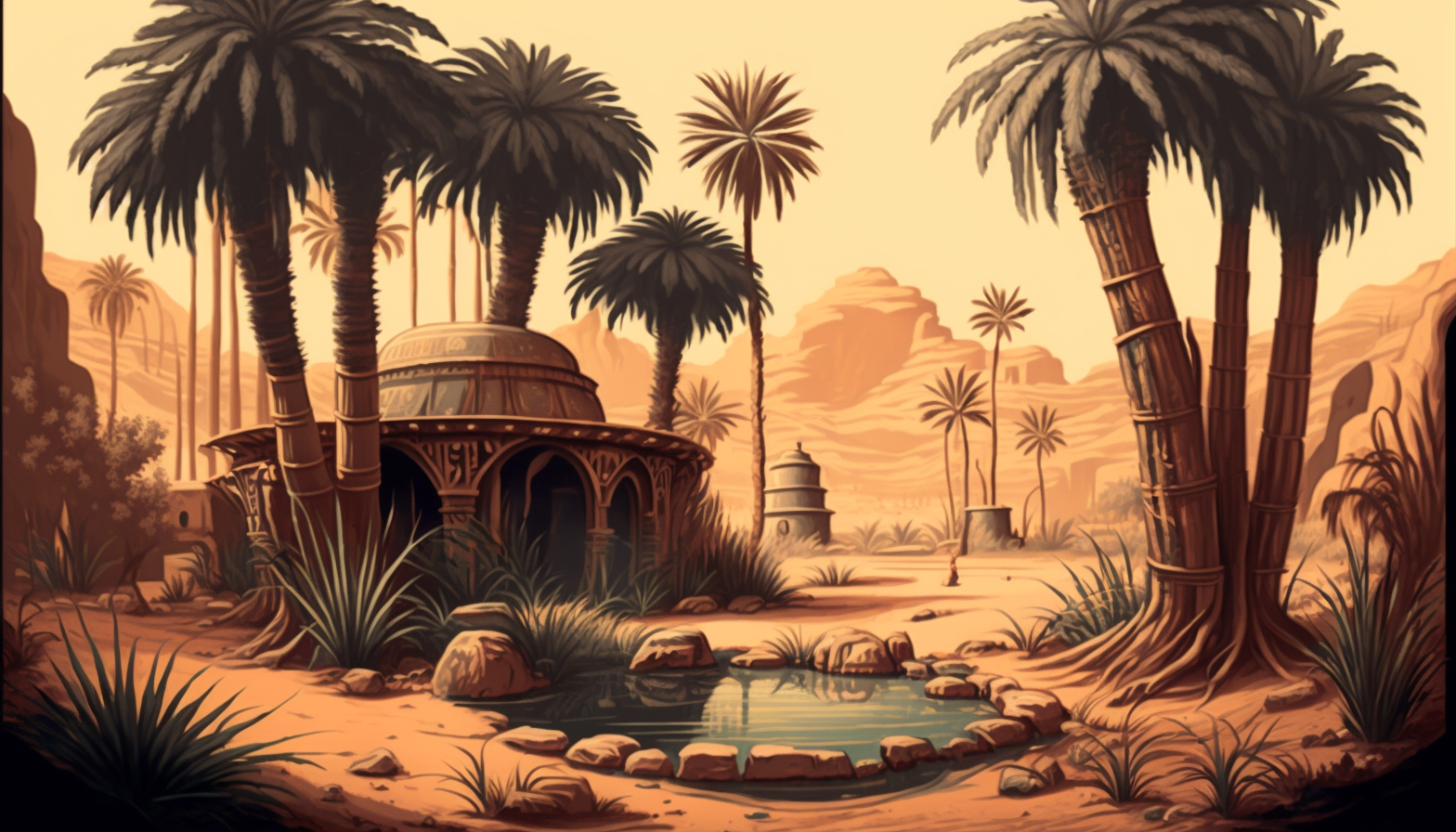 A painting of a traditional desert oasis with palm trees and water wells.