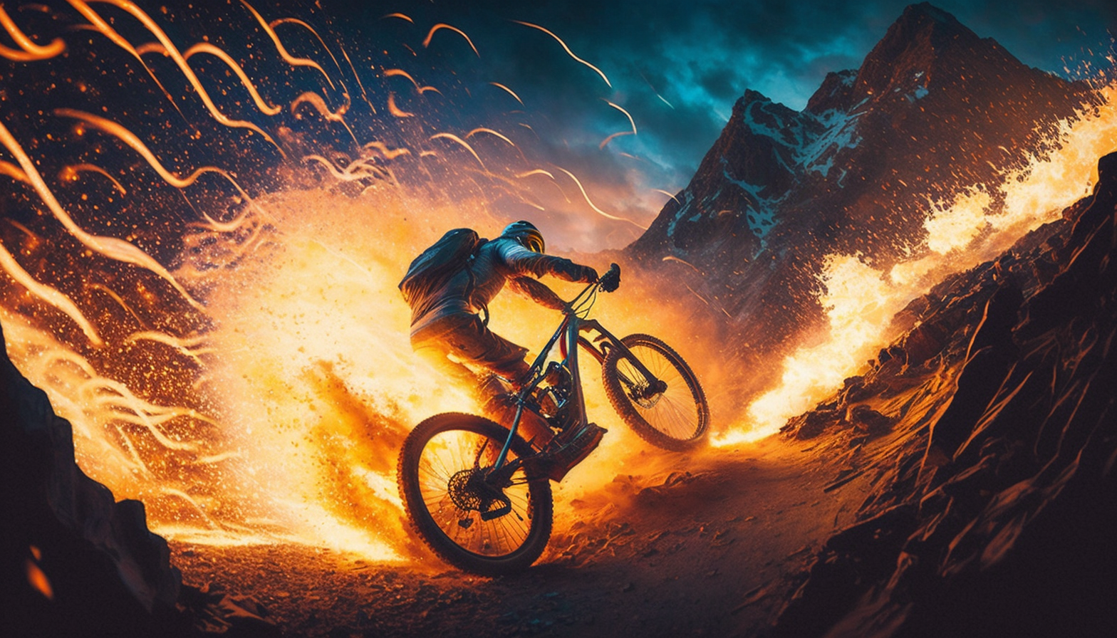 A bike rider zooming down a mountain trail with sparks flying from the wheels and a fiery sunset in the background.