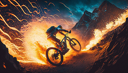 A bike rider zooming down a mountain trail with sparks flying from the wheels and a fiery sunset in the background.