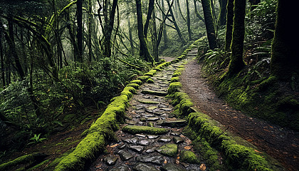 A narrow, winding path disappearing into a dense forest.