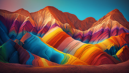 "Rainbow Mountains": A breathtaking landscape of mountains in vibrant colors, illuminated by the sun.