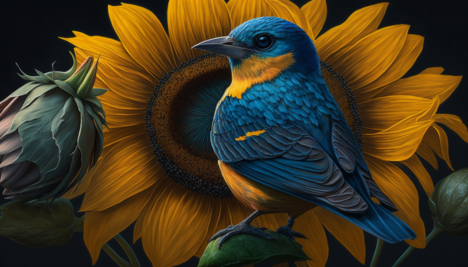 A vibrant yellow sunflower with a small bluebird perched on one of the petals.