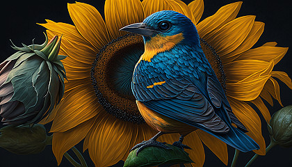 A vibrant yellow sunflower with a small bluebird perched on one of the petals.