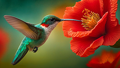 A close-up shot of a hummingbird hovering near a bright red hibiscus flower.