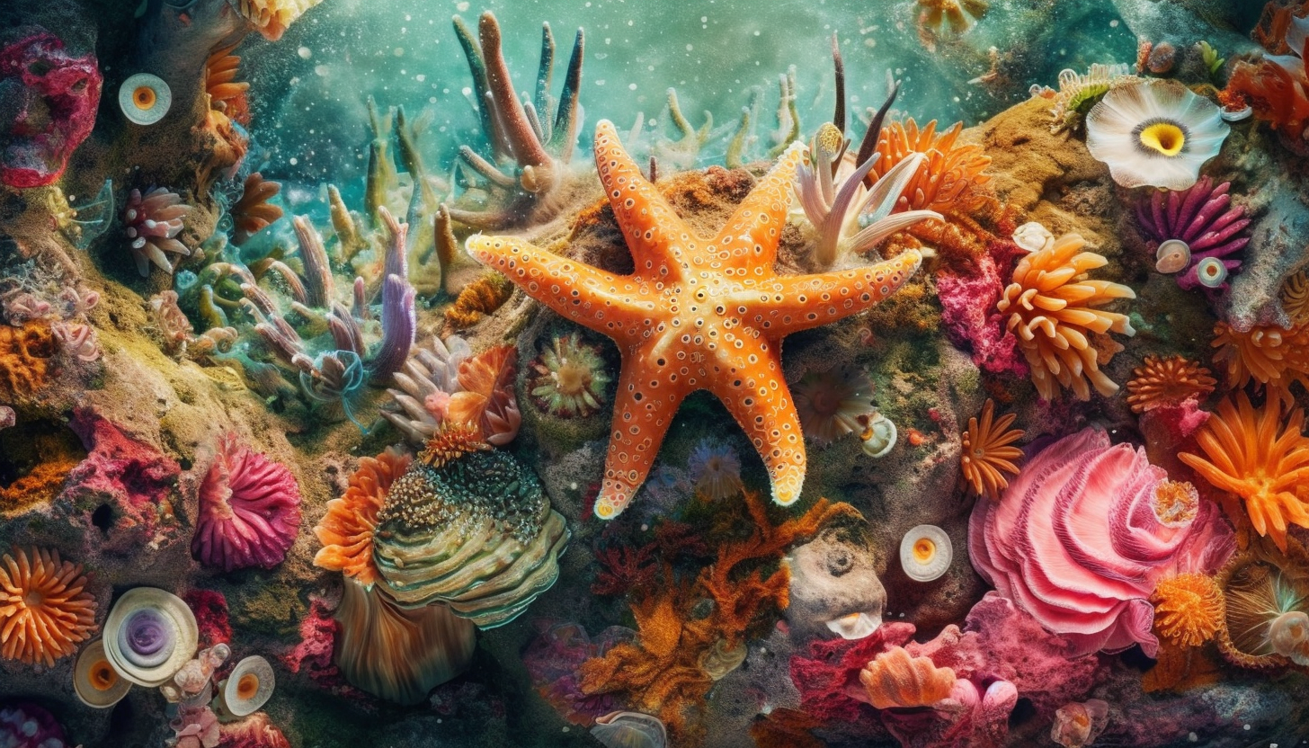 Colorful sea anemones and starfish in a tide pool.