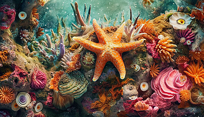 Colorful sea anemones and starfish in a tide pool.