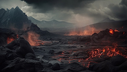 Dramatic volcanic landscapes with flowing lava and ash clouds.