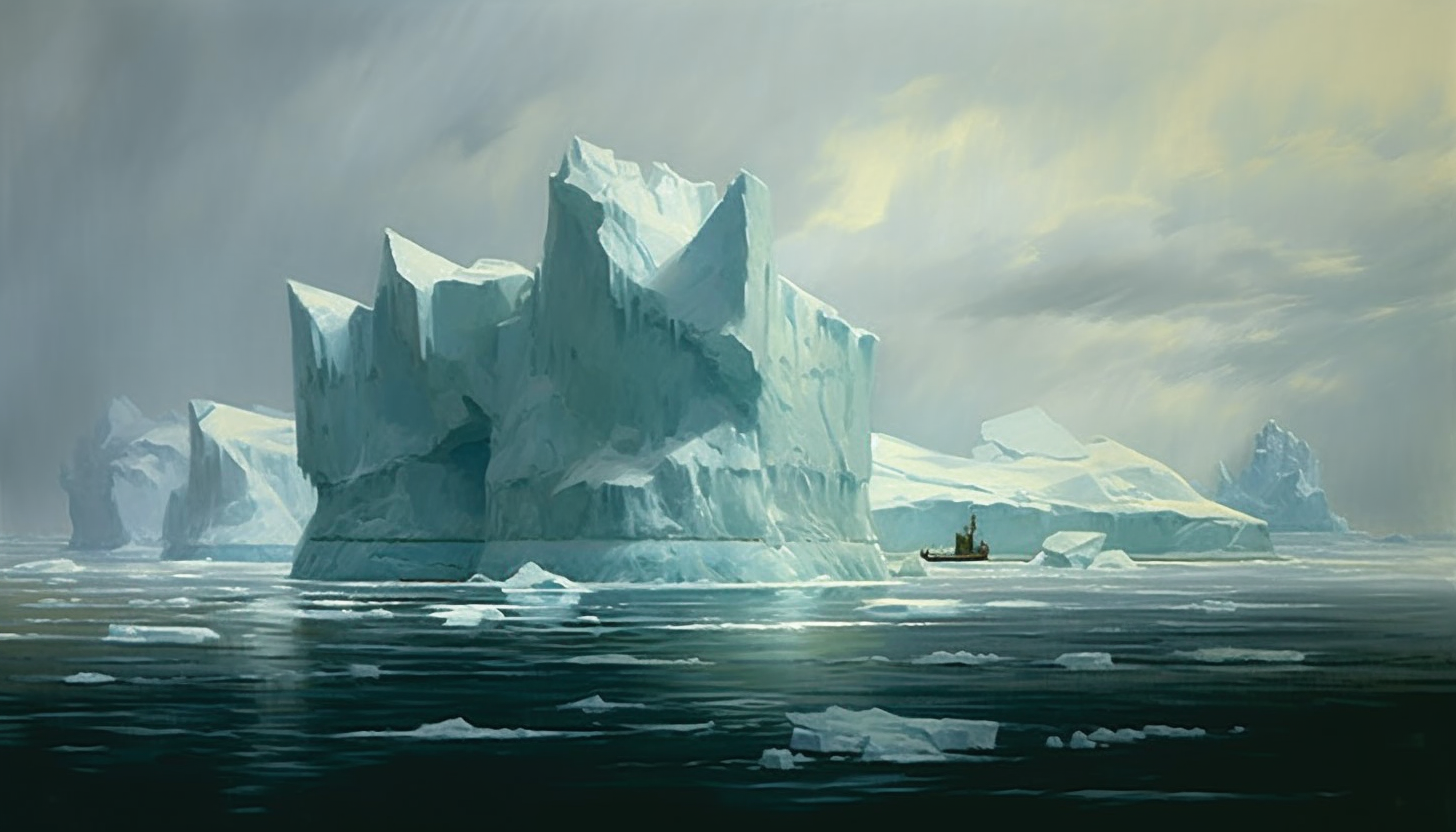 Icebergs adrift in a stark, polar seascape.